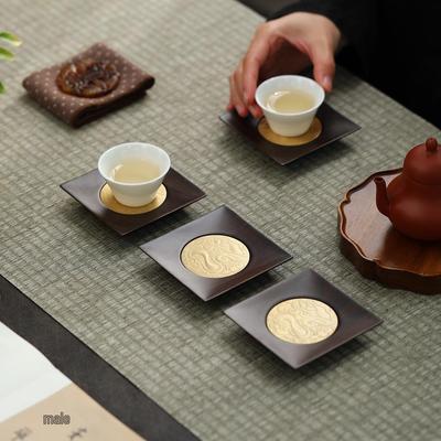 Solid Wood Tea Cup Holder with Copper Inlay – Anti-Scald Insulation Pad for Office and Kung Fu Tea Set Accessories