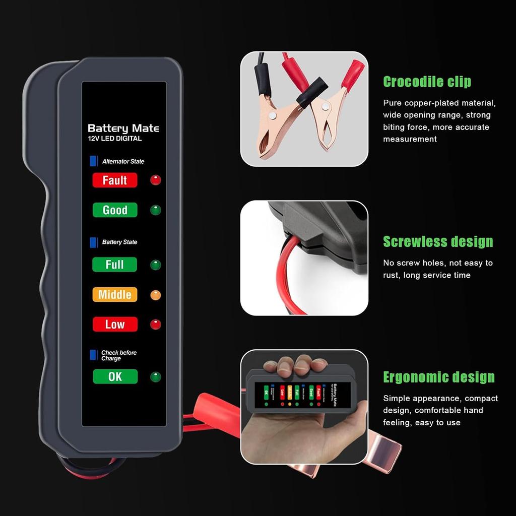12V Car Battery Tester, Automotive Digital Battery Alternator Tester with LED Indication, Detector Checker to Test Battery Condition & Alternator