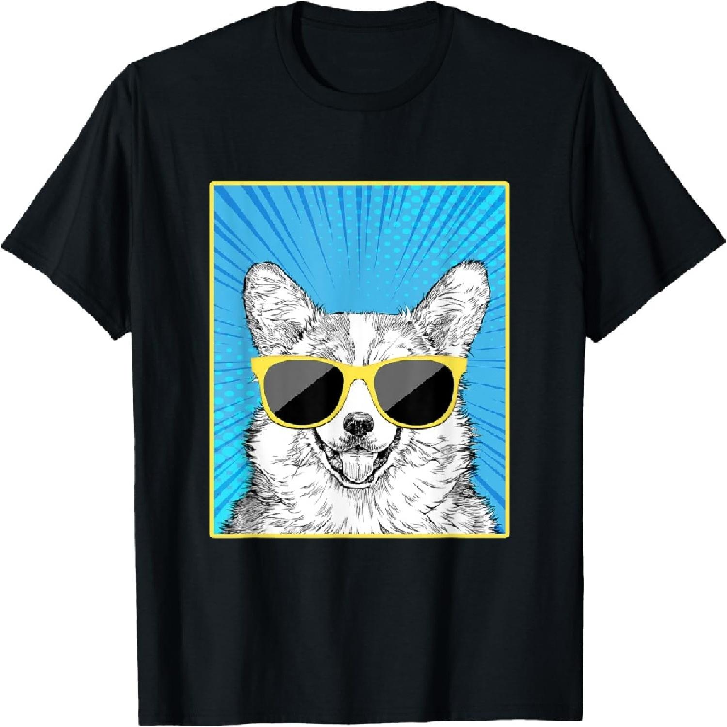 Corgi Portrait Pop Art Dog with Sunglasses T-Shirt S