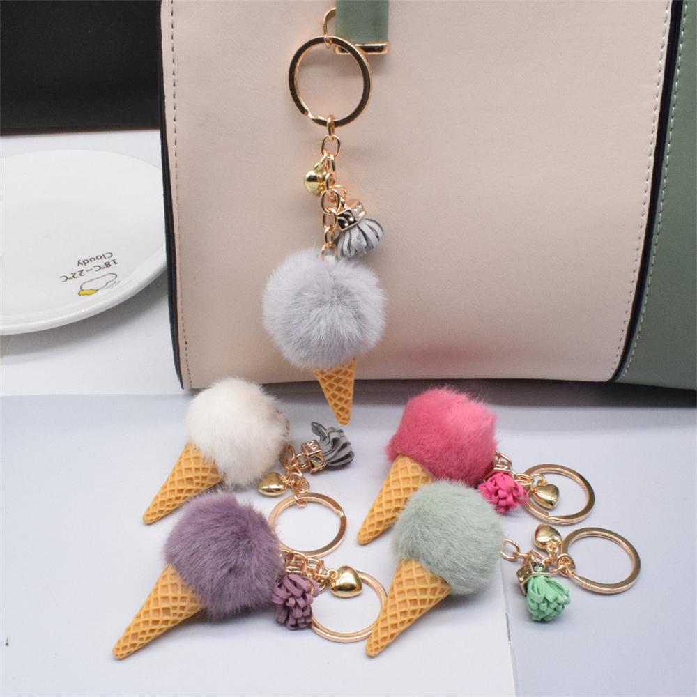 1pc Fashion Cute Mini Ice Cream Key Ring With Tassel Student Fluffy Pom Pom Velvet Plush Keychain For Girls Bag Decoration Gift