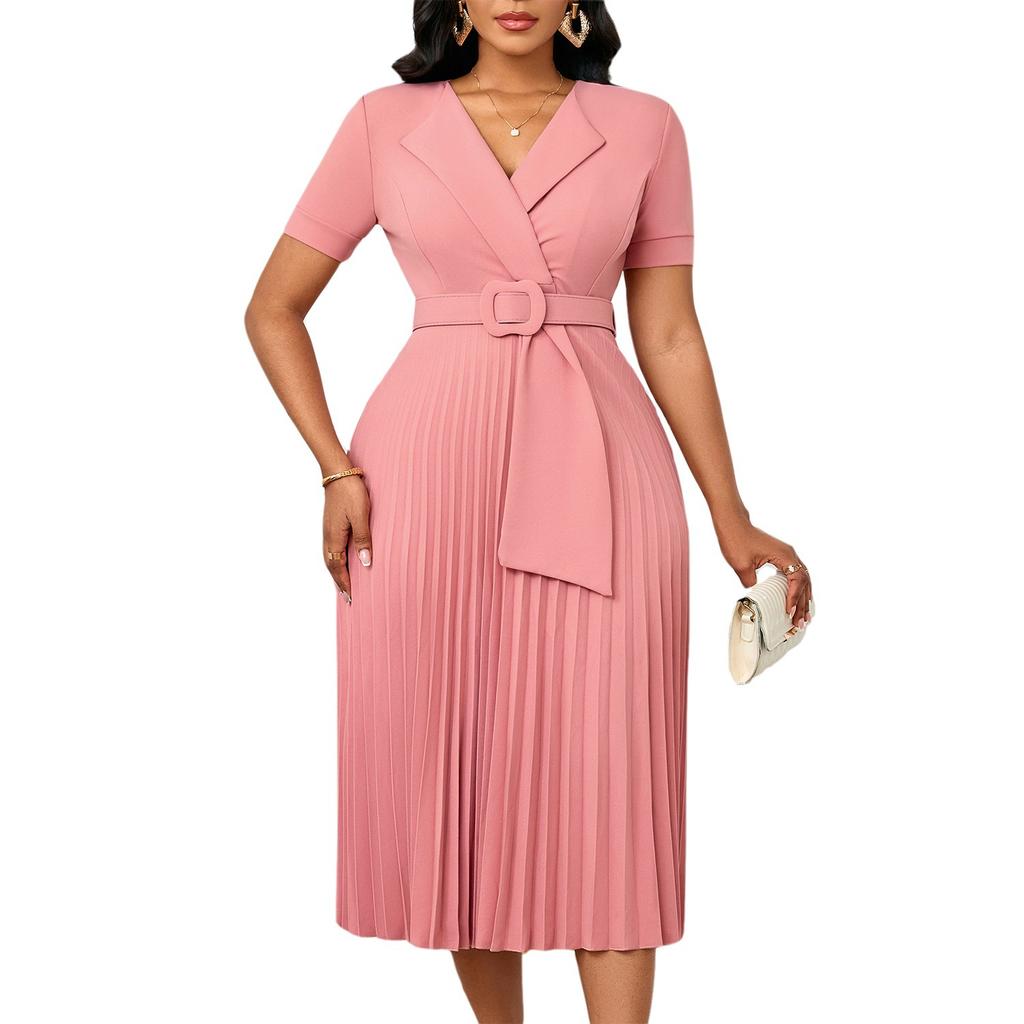 Sexy short-sleeved V-neck fashion temperament elegant pleated large size solid color dress