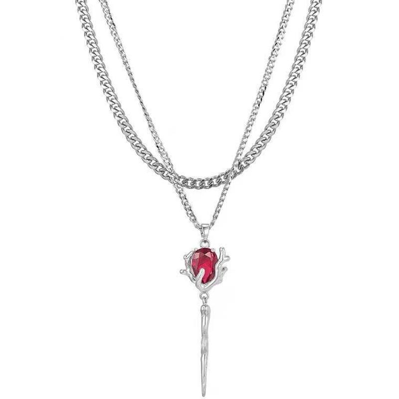 Double Layer Red Zircon Rose Pendant Necklace Layered Flower Stone Chain Necklaces Irregular Floral Aesthetic Egirl Necklace