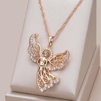 Collana Pendente Angelo Moda Per Donne Colore Oro Rosa Con Zircone Naturale Bianco Accessori Miglior Gioiello Quotidiano Regalo