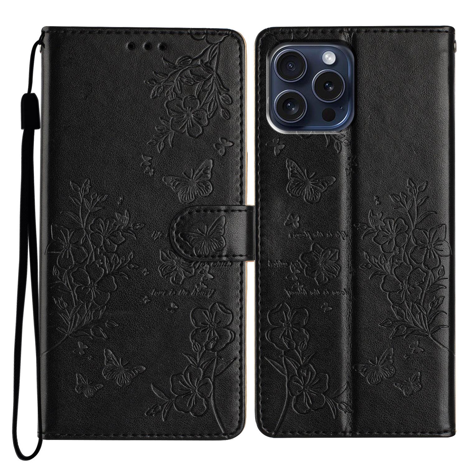 

For iPhone 16 Pro Max Case Butterfly Floral Imprint Leather Stand Phone Cover with Wallet Black