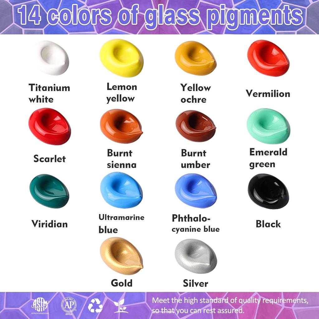 Colorful 14/26 Colors Stain Glass Paint Set with 6 Brushes, 1 Palette & 1 Sponge, Waterproof Permanent Glass Painting Kit
