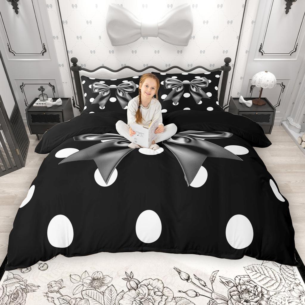 Homewish Girls Bow Knot Duvet Cover Set Kawaii Polka Dots Comforter Cover Set Princess Bowtie Ribbon Bed Set