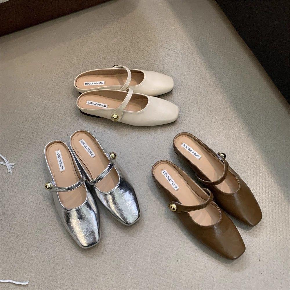 Fashion one-pedal bag head half slippers women's shoes 2025 new summer silver flat Korean version half-tray single shoes