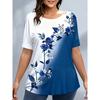 XL-7XL Plus Size Women's T-Shirts Women's O-neck Fashion Flower Patchwork Color Printed Top Short Sleeve T-shirt