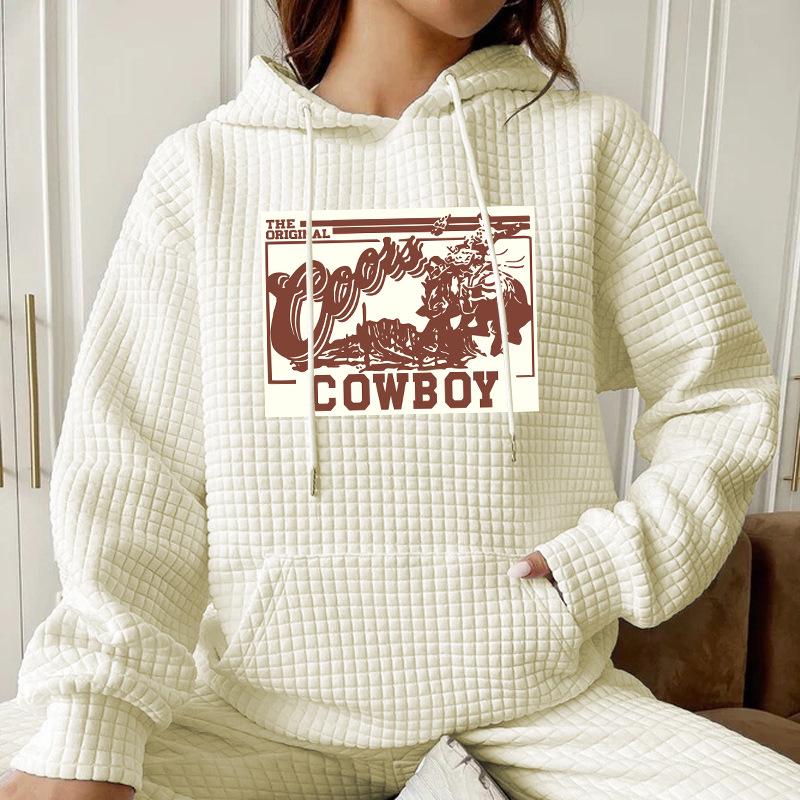 European & American Women's Waffle Knit Hooded Letter Print Sweatshirt