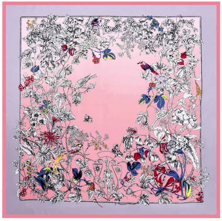 130cm Silk Scarf Women Large Shawls Floral Birds Print Ombre Stoles Square Bandana Luxury Kerchief Scarf Female Foulards