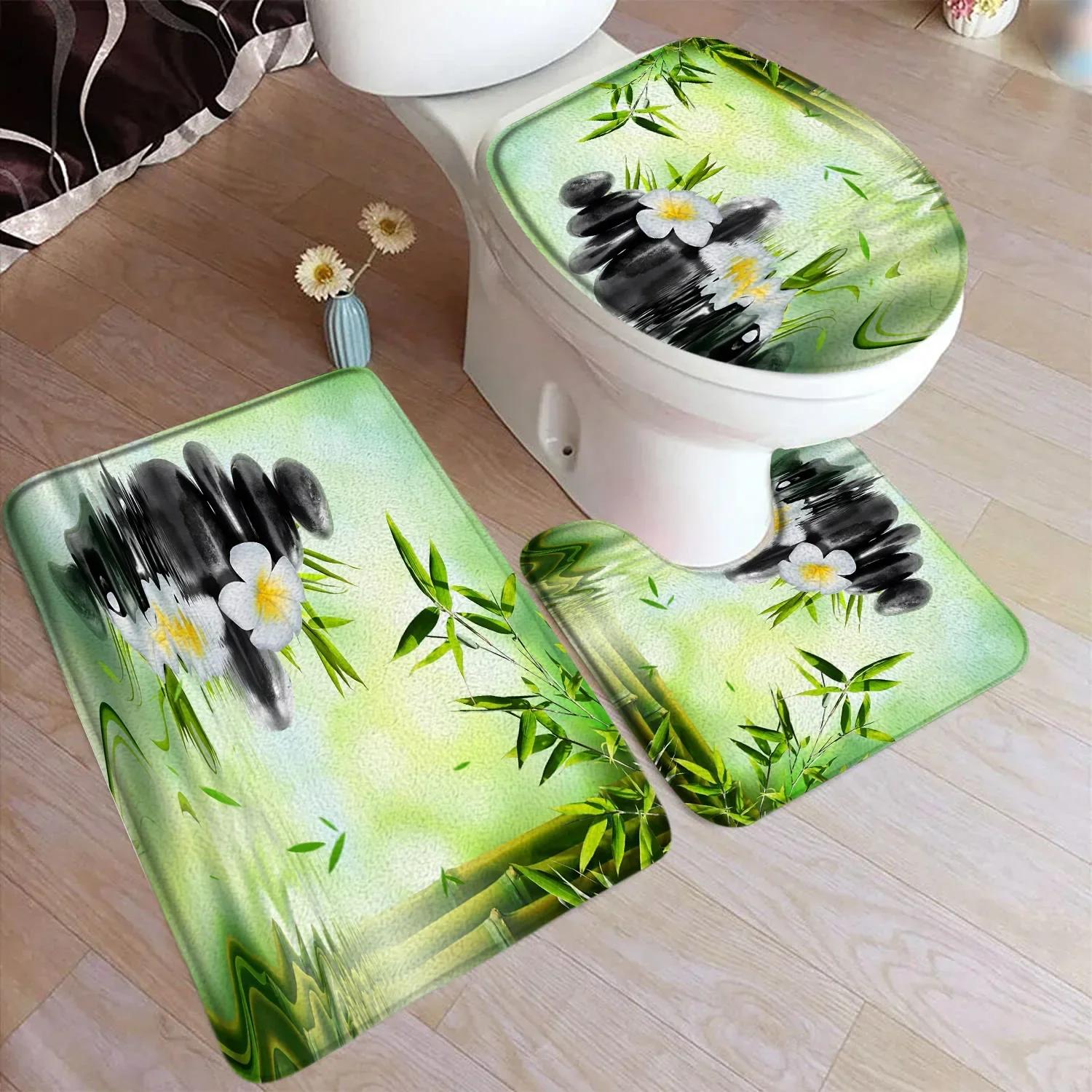 

Zen Green Bamboo Bath Mat Set Natural Orchid Flower Black Stone Plant Home Carpet Bathroom Decorative Floor Rug Toilet Lid Cover 45x75cm-17.7x29.5in