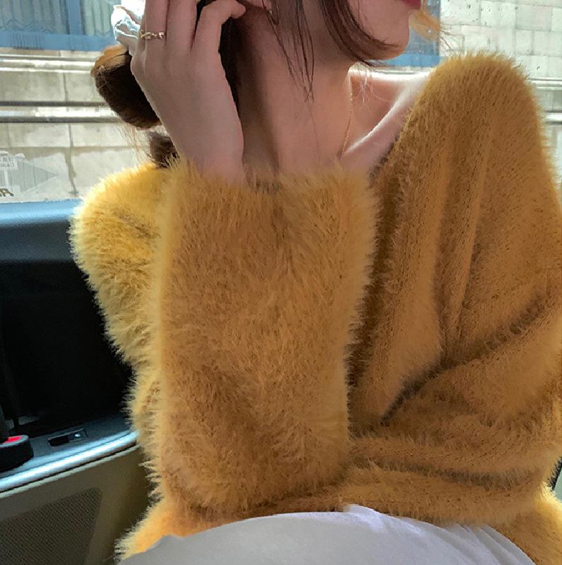 Women's Fluffy Mink Velvet V-neck Sweater: Japanese & Korean Style, Fashionable, Versatile, Loose Fit for Autumn/Winter