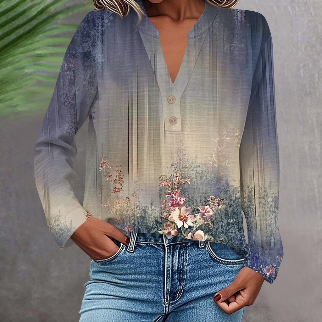 Women's Fashionable And Casual Shirt Long Sleeve V-neck Button Printed Blouse Top