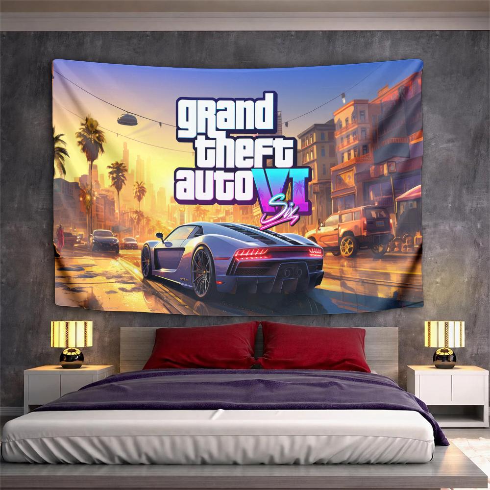 Grand Theft Auto VI Auto Stadtbild Sonnenuntergang Tropisch Gemustertes Wandteppich für Schlafzimmer und Wohnzimmer Heimdekoration Sofas 75x90cm(29x35in) white