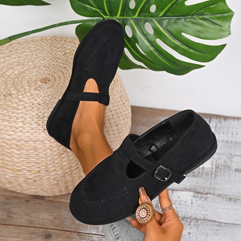 Fashion Round Toe Shallow Mouth Metal Buckle Suede Single Shoes Spring New Soft Sole Non-slip Wear-resistant Flat Shoes