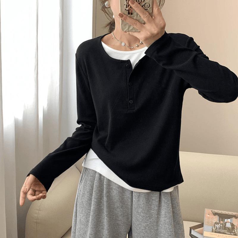Contrasting color fake two-piece shirt women's bottoming shirt spring simple versatile breasted long-sleeved inner design top