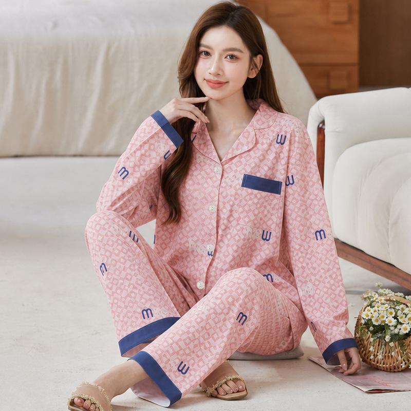 Fashion sweet printed pajamas women's spring and autumn imitation cotton long-sleeved loungewear large size comfortable mother suit