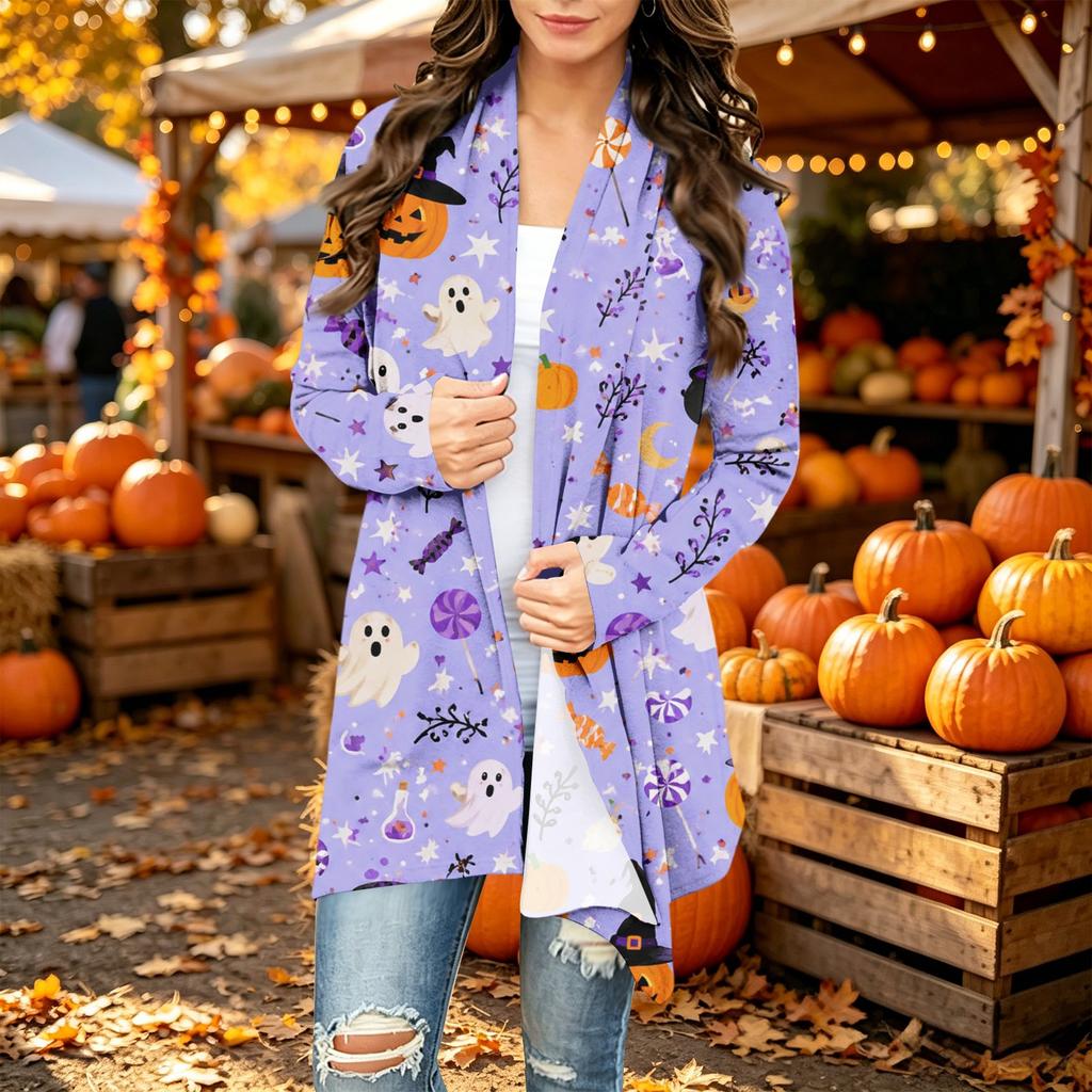Women's Casual Long Sleeve Cardigan with Halloween Print for Festive Occasions