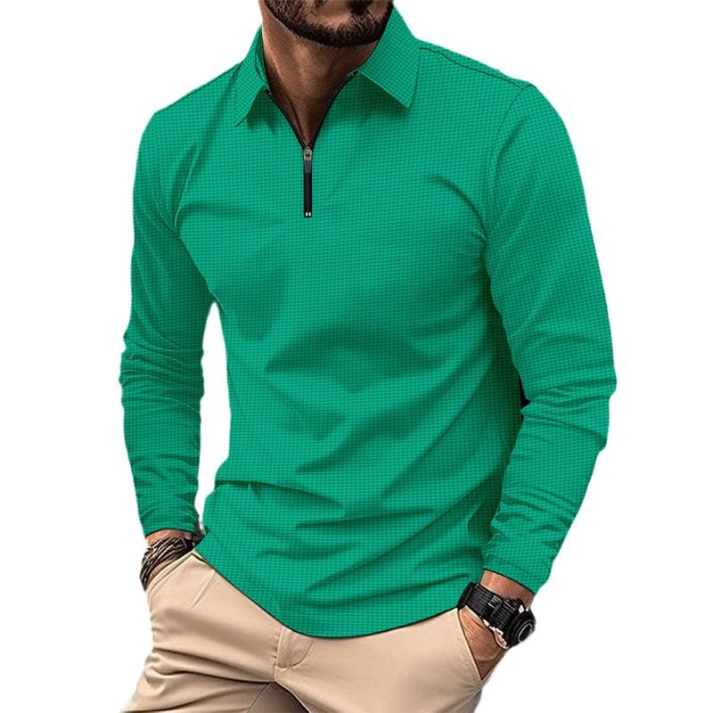 Cross-border autumn new fashion hot-selling men's waffle solid color zipper long-sleeved POLO shirt
