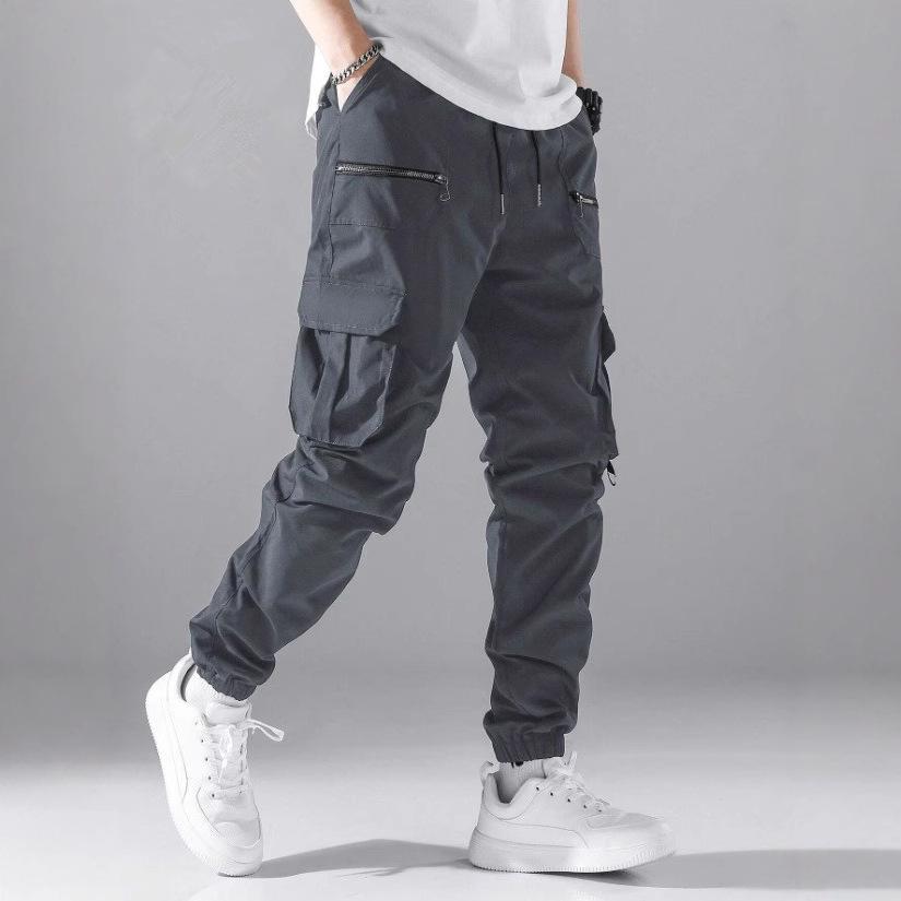Men's Jogger Cargo Pants Multi Zipper Pockets Drawstring Elastic Waist Streetwear Tactical Ankle Cuffed Trousers