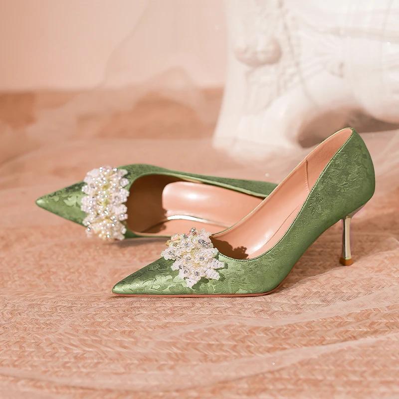 Fashion Shiny Crystal Buckle Luxury Wedding Shoes Women 2024 New Slip On High Heels Pumps Woman Pointed Toe Thin Heeled Party Shoes