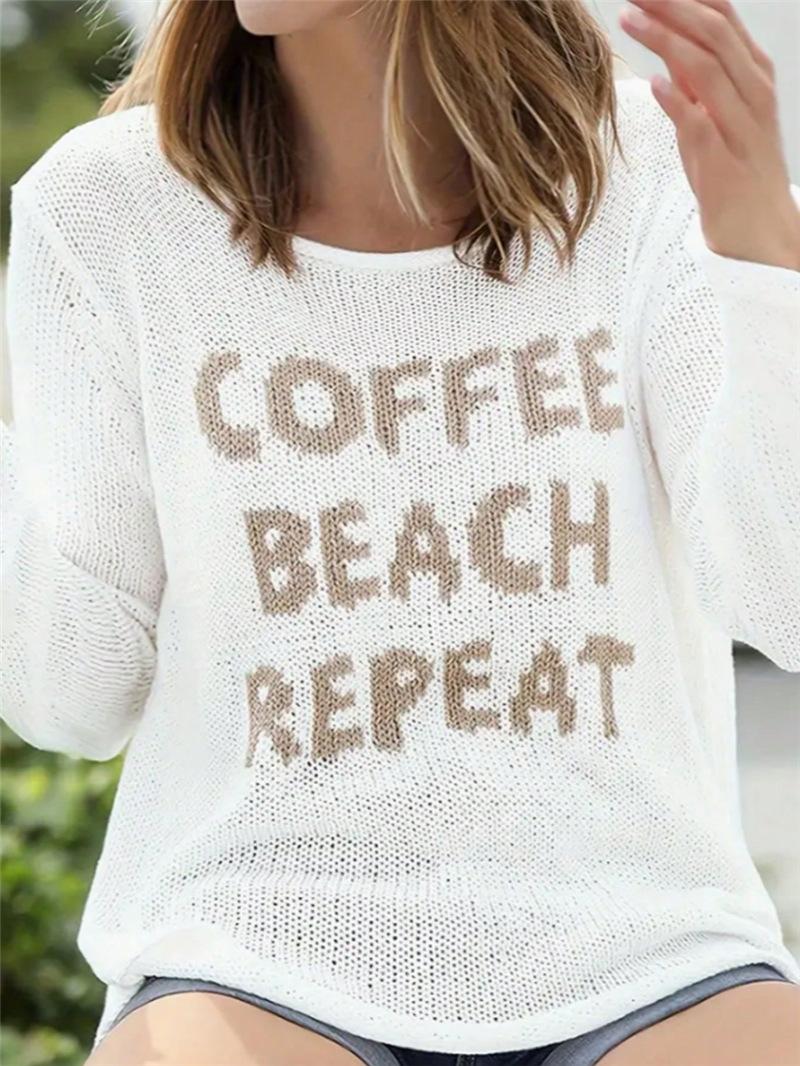 Women S Long Sleeve Round Neck Letter Print Knit Sweater Side Slit Casual Top S белый