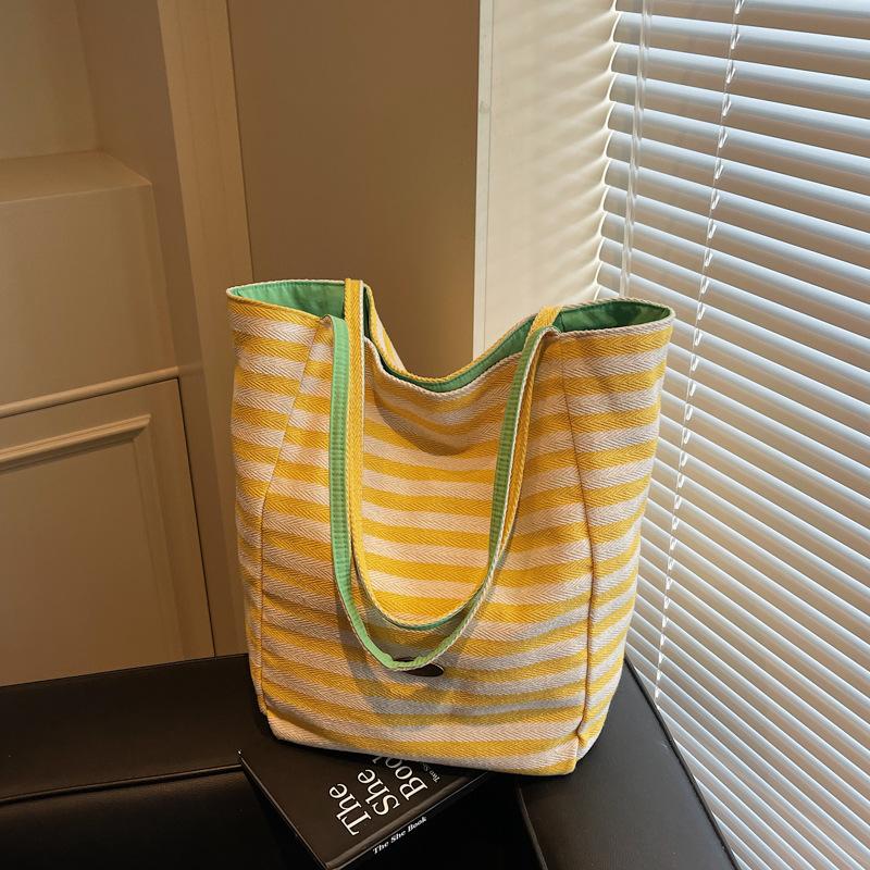 Summer striped canvas bag women's new double-sided shoulder underarm tote bag Korean portable shopping bag