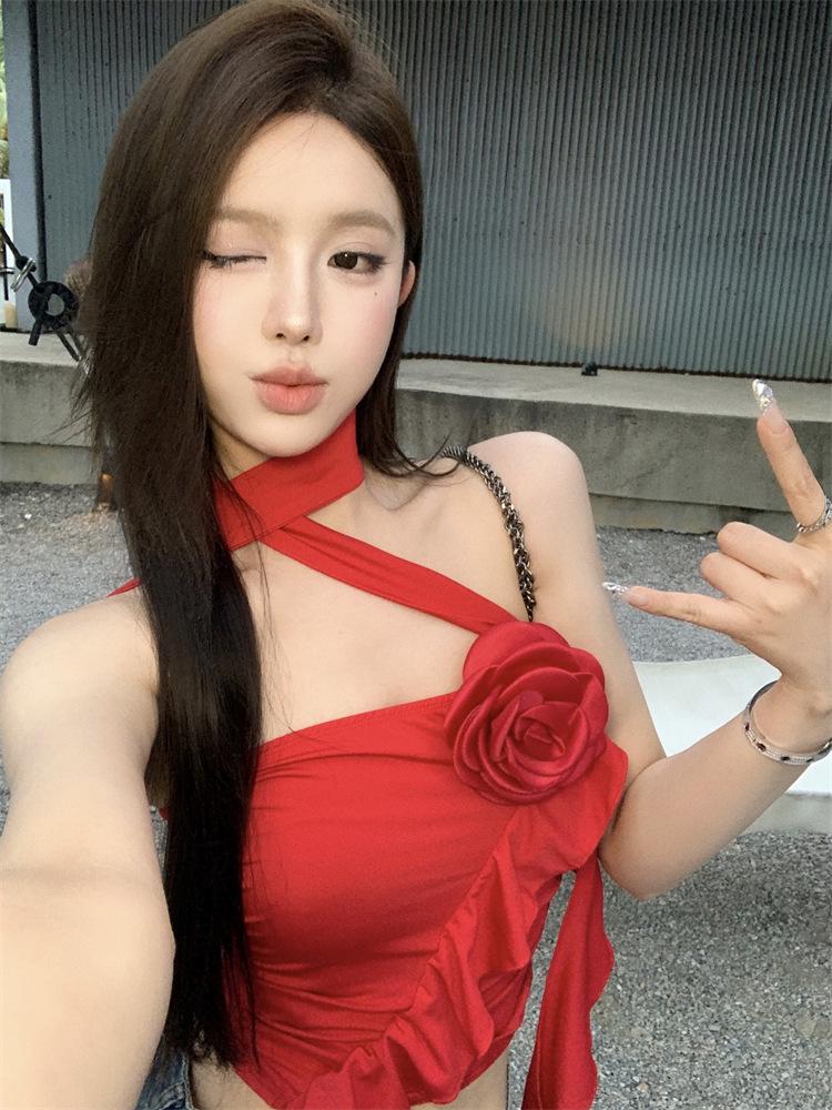 Women's Ruffled Red Halter Tank Top with Irregular Three-Dimensional Flower Design