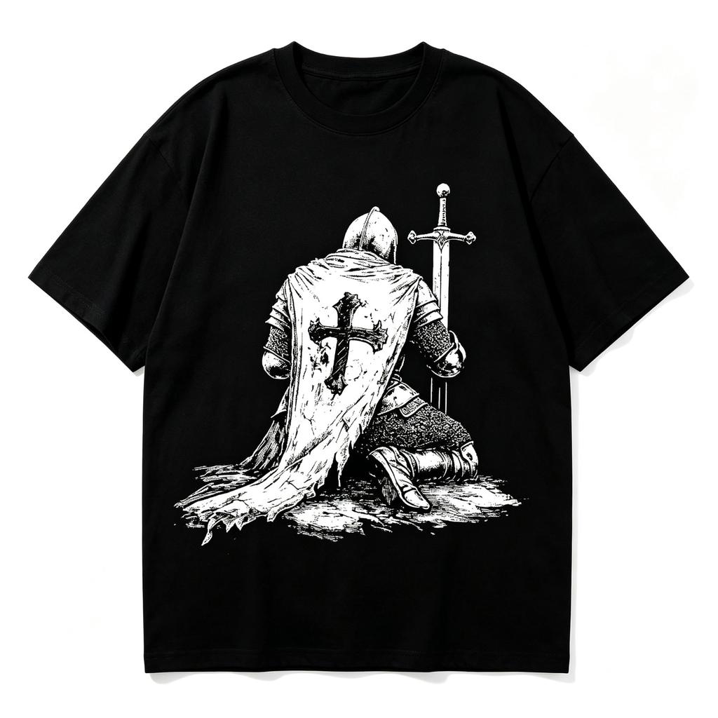 Medieval Kneeling Knight Sword Cross Vintage Sketch Graphic Unisex T?Shirt