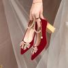 Fashion Red Pearl Bowknot Wedding Party Shoes for Women String Bead Thin Heels Pumps Ladies Ankle Strap Pointed Toe High Heels Shoes