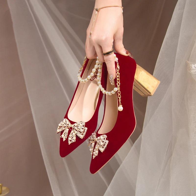 Fashion Red Pearl Bowknot Wedding Party Shoes for Women String Bead Thin Heels Pumps Ladies Ankle Strap Pointed Toe High Heels Shoes