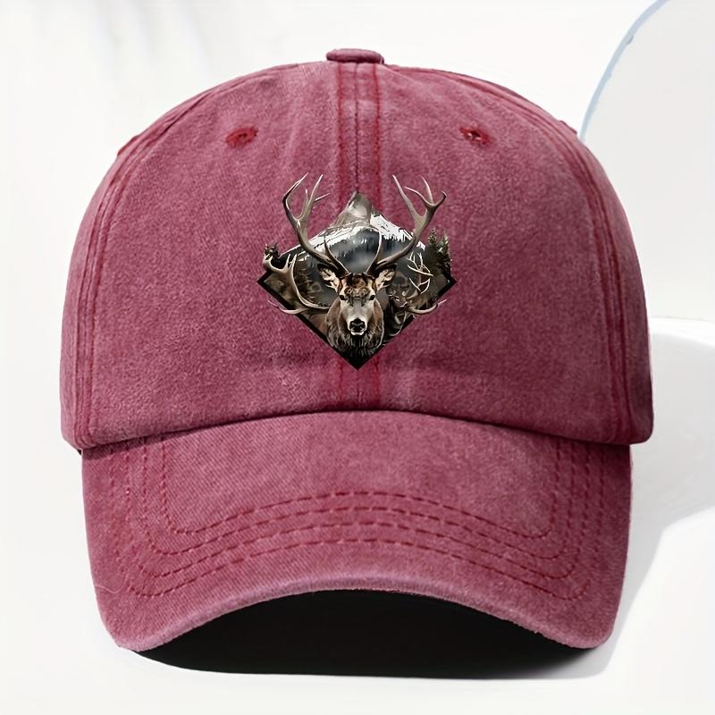 Men Women Vintage Elk Print Trucker Hat Adjustable Soft Top Baseball Cap with Elk Antler Washed Suitable for Outdoor Fis