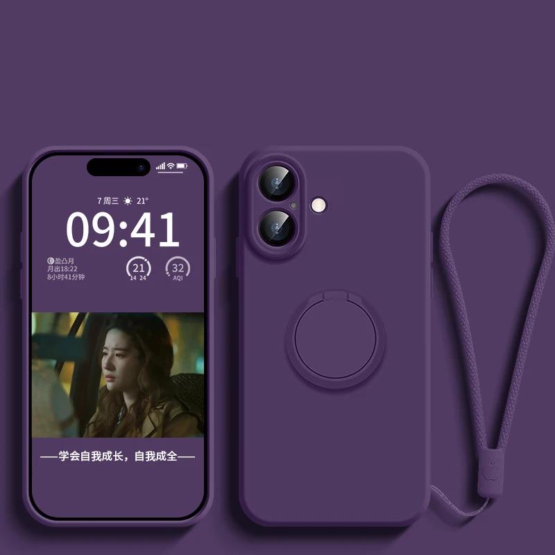Luxury Original Liquid Silicone Ring Holder Case For iPhone17 16 15 14 Plus 13 12 Mini 11 Pro X XR XS Max With Strap Soft Cover