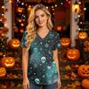 Women's V-Neck Short Sleeve Scrub Top with Pockets Halloween Print for Nurses and Caregivers