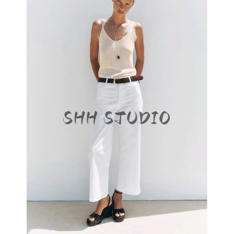 Summer New Women clothes French style Five-Pocket Design With Belt High Waist Wide Leg Denim Trousers 1889152