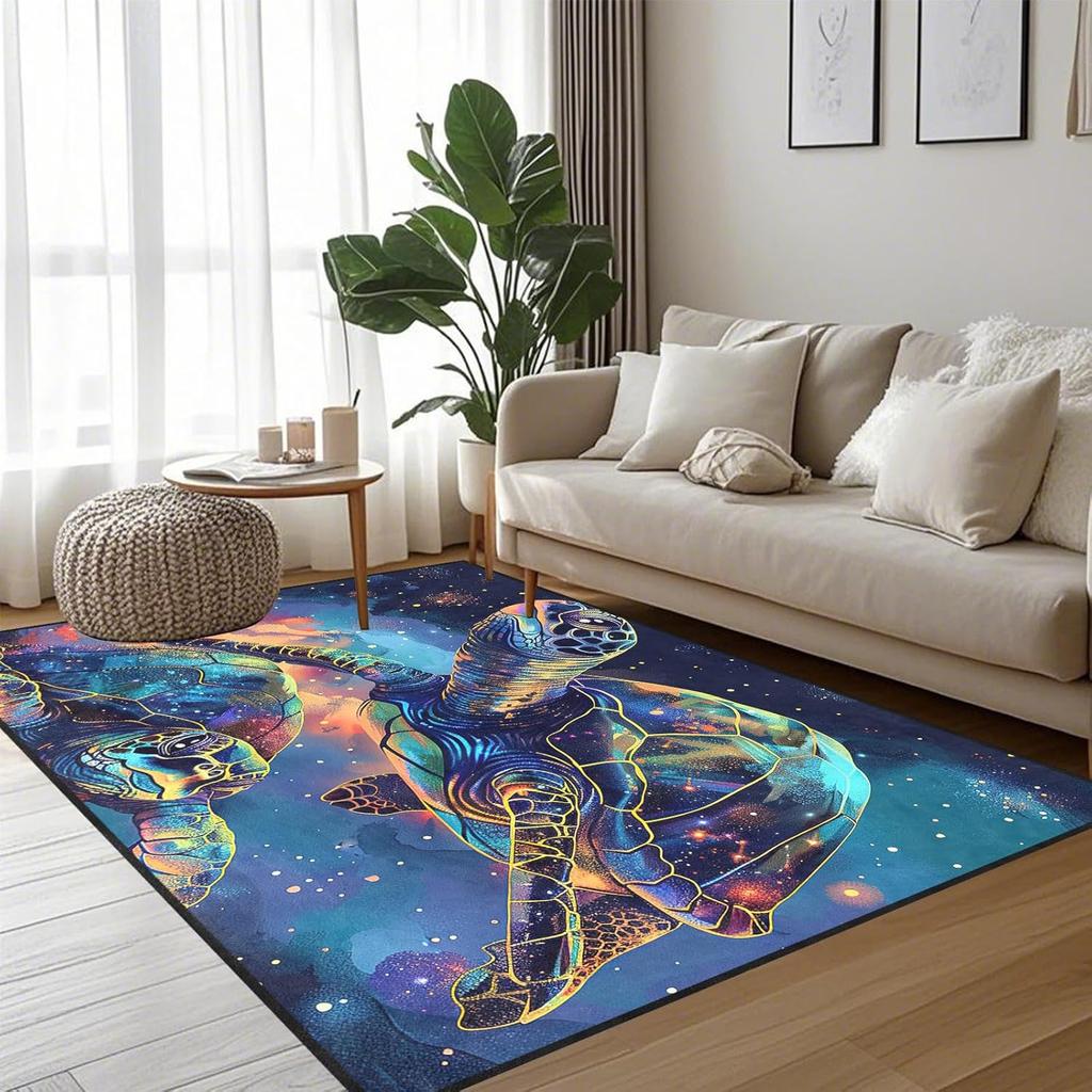 Galaxy Theme Sea Turtle Rug for Kids Bedroom, Animal Print Playroom Carpet, Non-Slip Floor Mat for Children