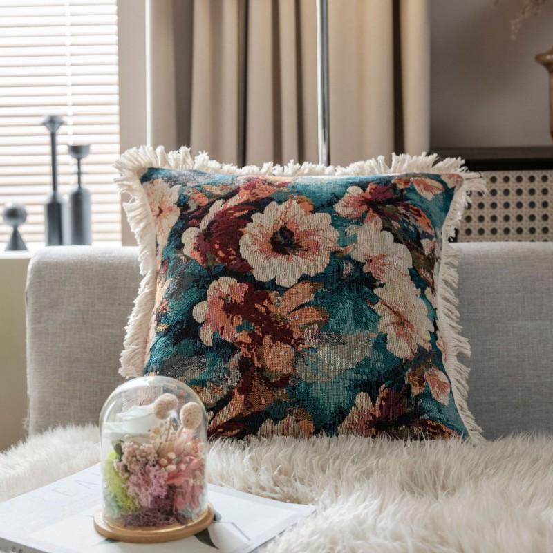American Style Floral Jacquard Throw Pillow Cover With Tassel Trim Sofa Chair Bed Car Decor 45x45cm 60x60cm
