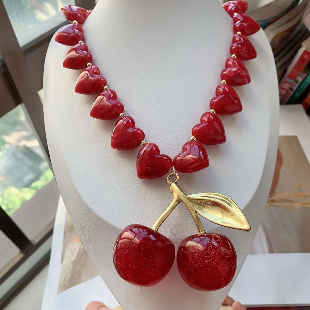 Gemstones Heart Beads Necklace Fruit Pendant Neckchain Cherry Charm Collar Chain Accessory for Dates and Parties