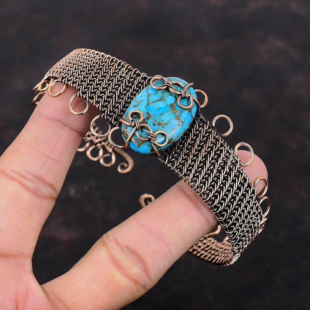 Kupfer Türkis Armreif Kupferdraht umwickelt Armspange Edelstein Armreif Kupferschmuck Handgefertigt Verstellbare Armspange Geschenk für Ihn