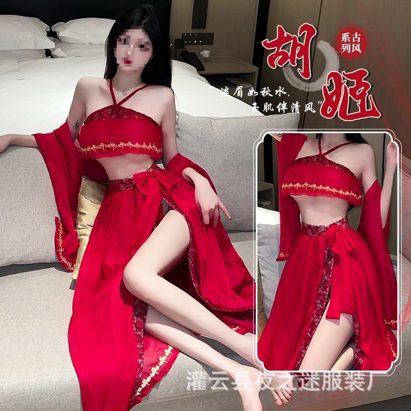 Sexy Perspective Night Fantasy Exotic Uniform Flying Belly Pocket Sex Underwear Set Dunhuang Hanfu Sexy Printed Woman