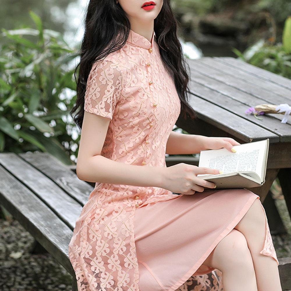 Krajka Středně dlouhá Denní Cheongsam Upravený Nízký výstřih Slim Fit Velká čínská velikost Šaty Ao Dai