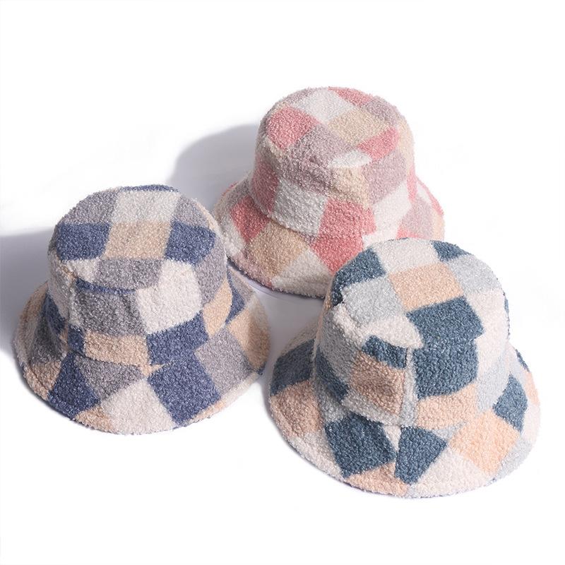 Autumn Adult Bucket Hat Autumn and Winter Women's Japanese Lamb Wool Plaid Basin Hat Travel Warm Plush Hat Tide