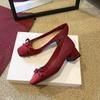 Beautiful Xiuhe Bridal Shoes Wedding Shoes Women's Square Head Thick Heel Medium Heel Single Shoes Silk Bow Red Shoes