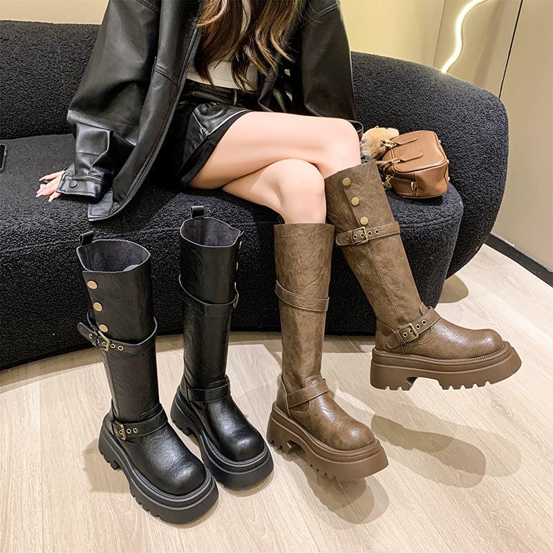 Maillard Brown Fashion Boots Women's 2025 Spring and Autumn New Thick Leg Heightening Knight Boots Small Tall Boots