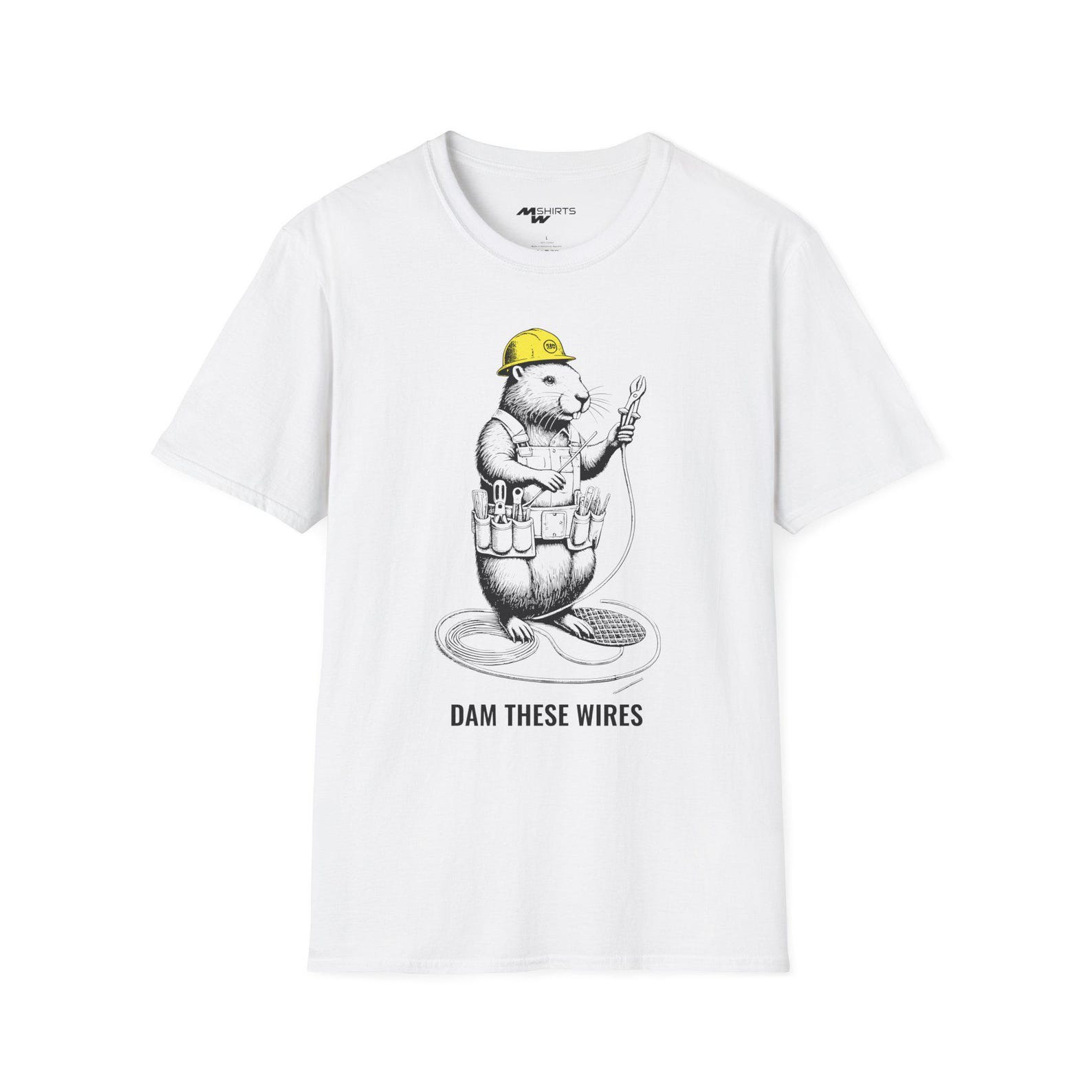 Dam These Wires/ Engraving-Style Electrician Beaver T-Shirt 3XL