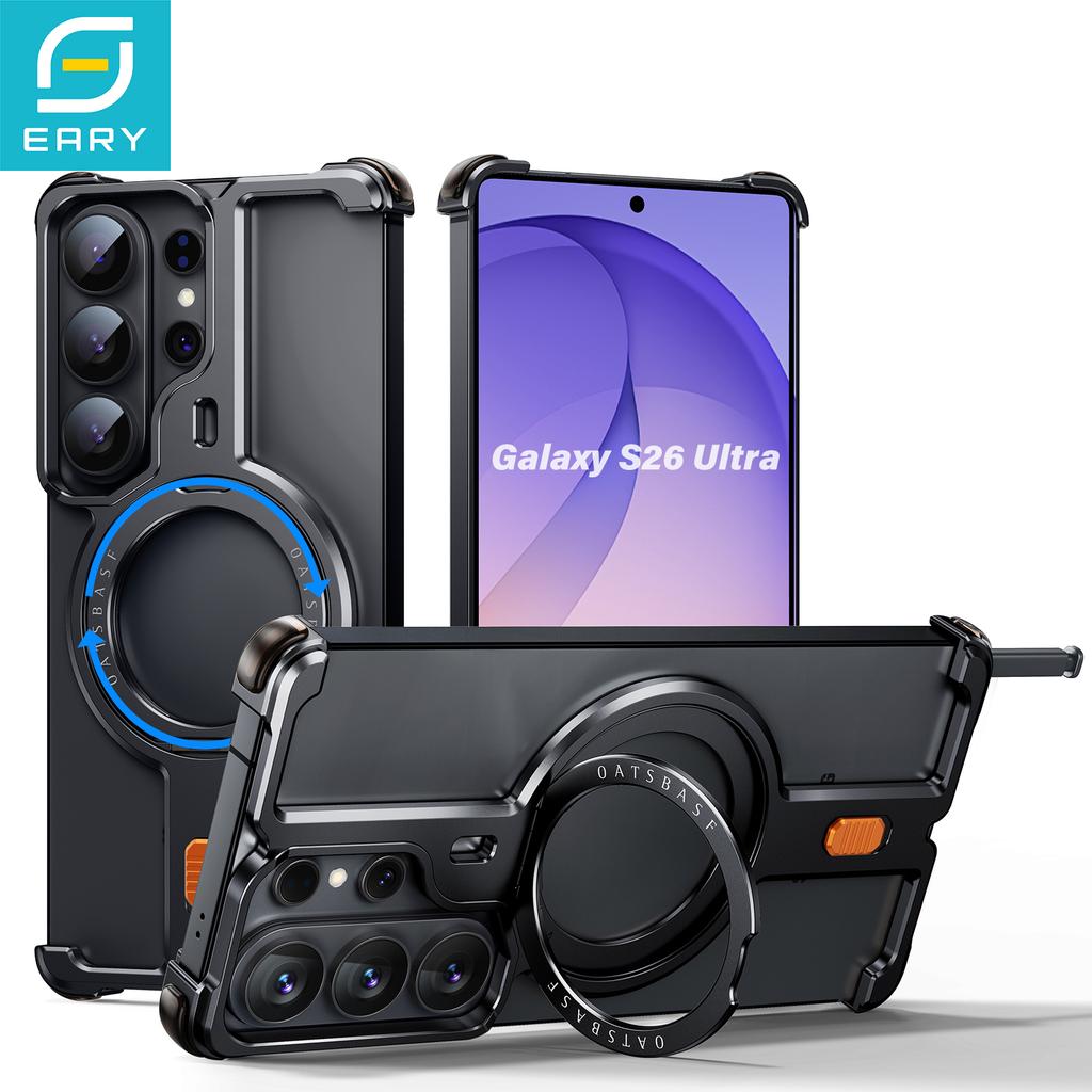 Eary for Samsung Galaxy S26 Ultra Case 360°Rotation Magnetic Stand Minimalist Metal Frameless Shockproof Protective Bumper Cover