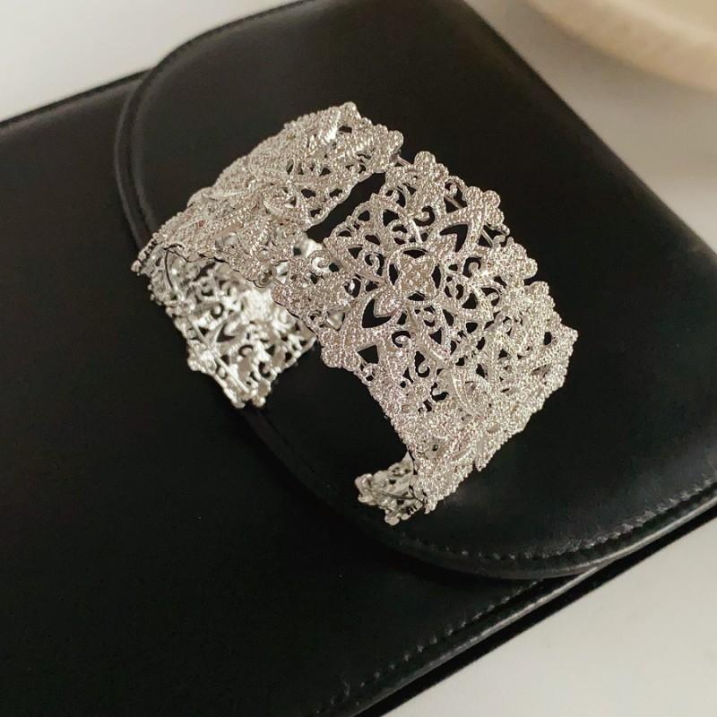 Vintage ażurowa szeroka bransoleta na mankiet damska geometryczna boho chic biżuteria typu statement