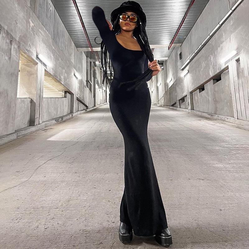 Women's Casual Long Sleeve High Waist Slim Camisole Dress Long