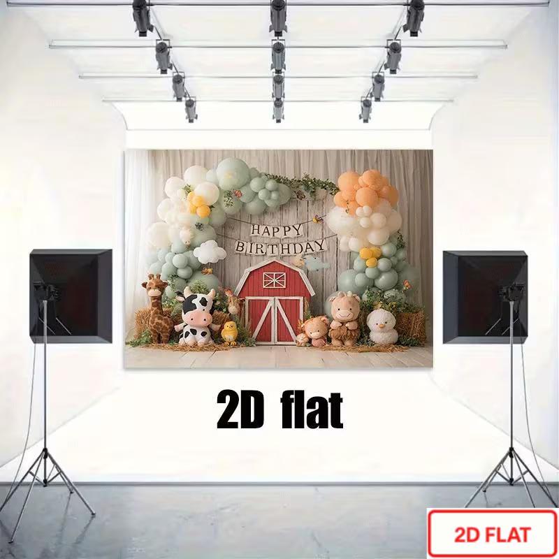 2D Farm Animal Photography Background, Red Barn with Cute Barnyard Animals and Pastel Balloon Kids Birthday Decor Banner