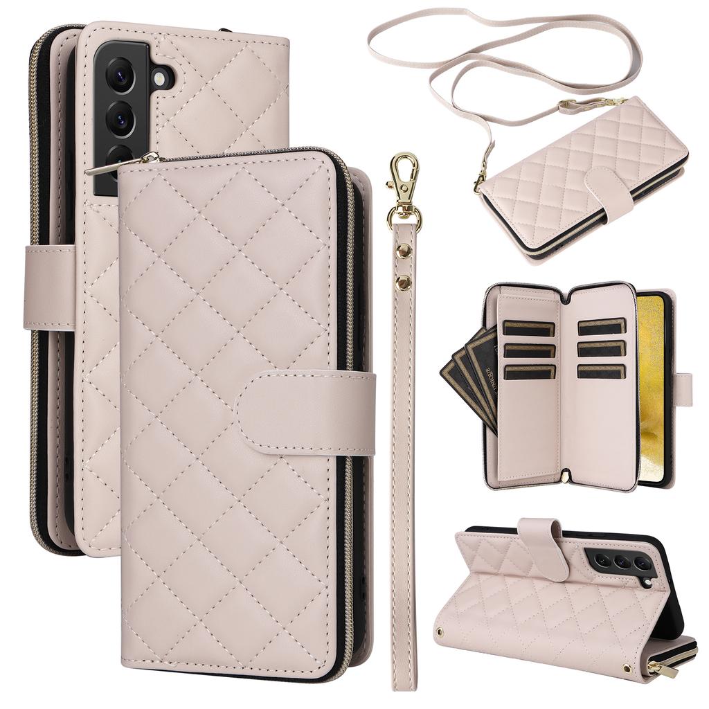 For Samsung Galaxy S22+ 5G Case Rhombus Zipper Pocket Leather Phone Cover with Straps